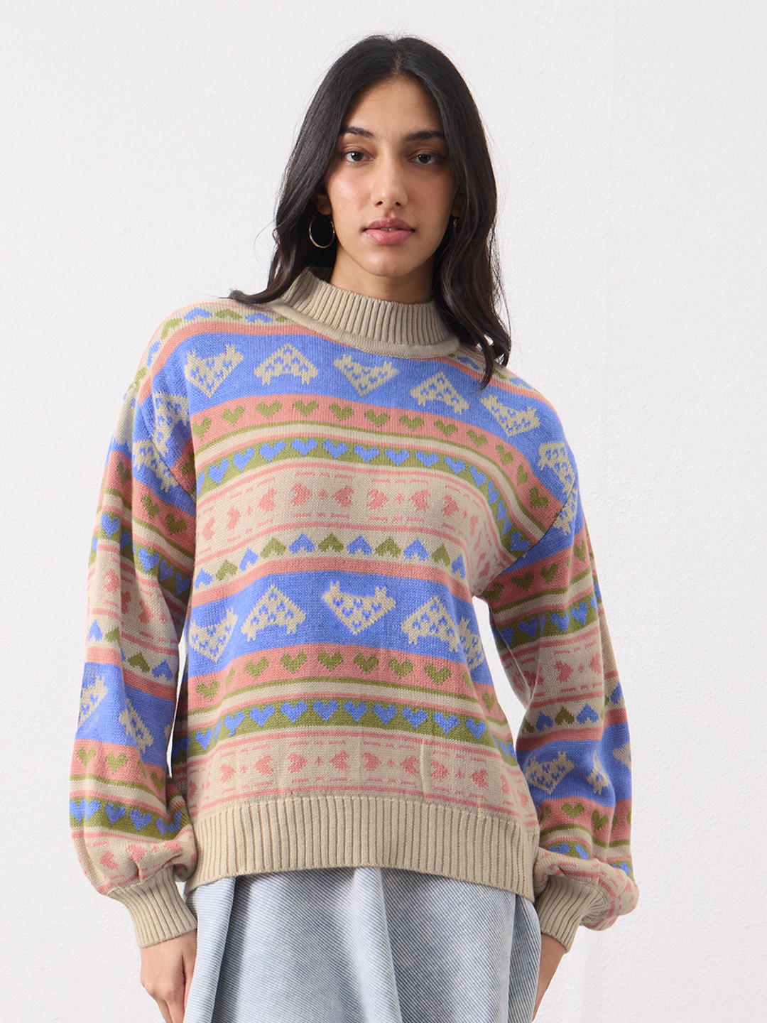 The Souled Store Women Cable Knit Printed Pullover Sweater