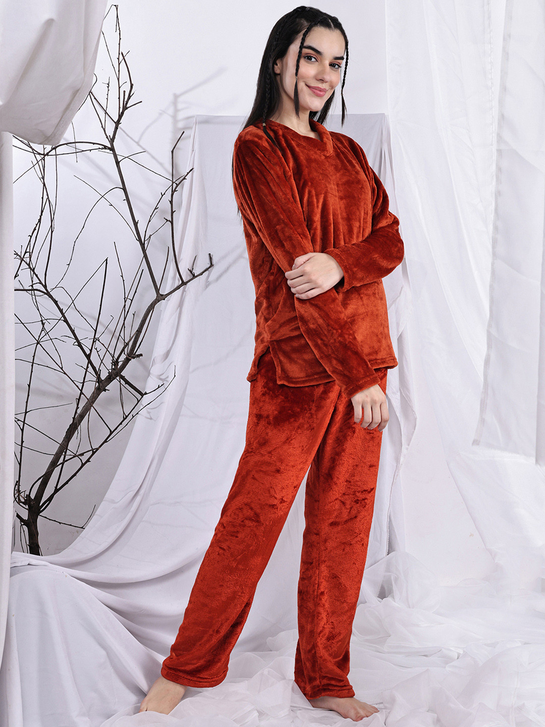 ETA Women V-Neck Fleece Woolen Fur Winter Night suit