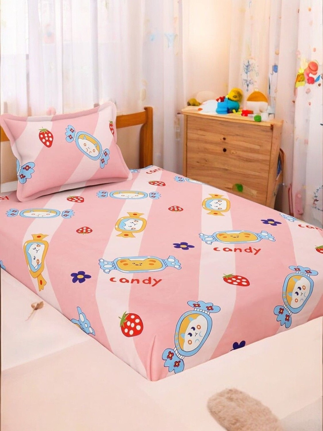 WELLNEST Pink Cotton Fitted Single Bedsheets