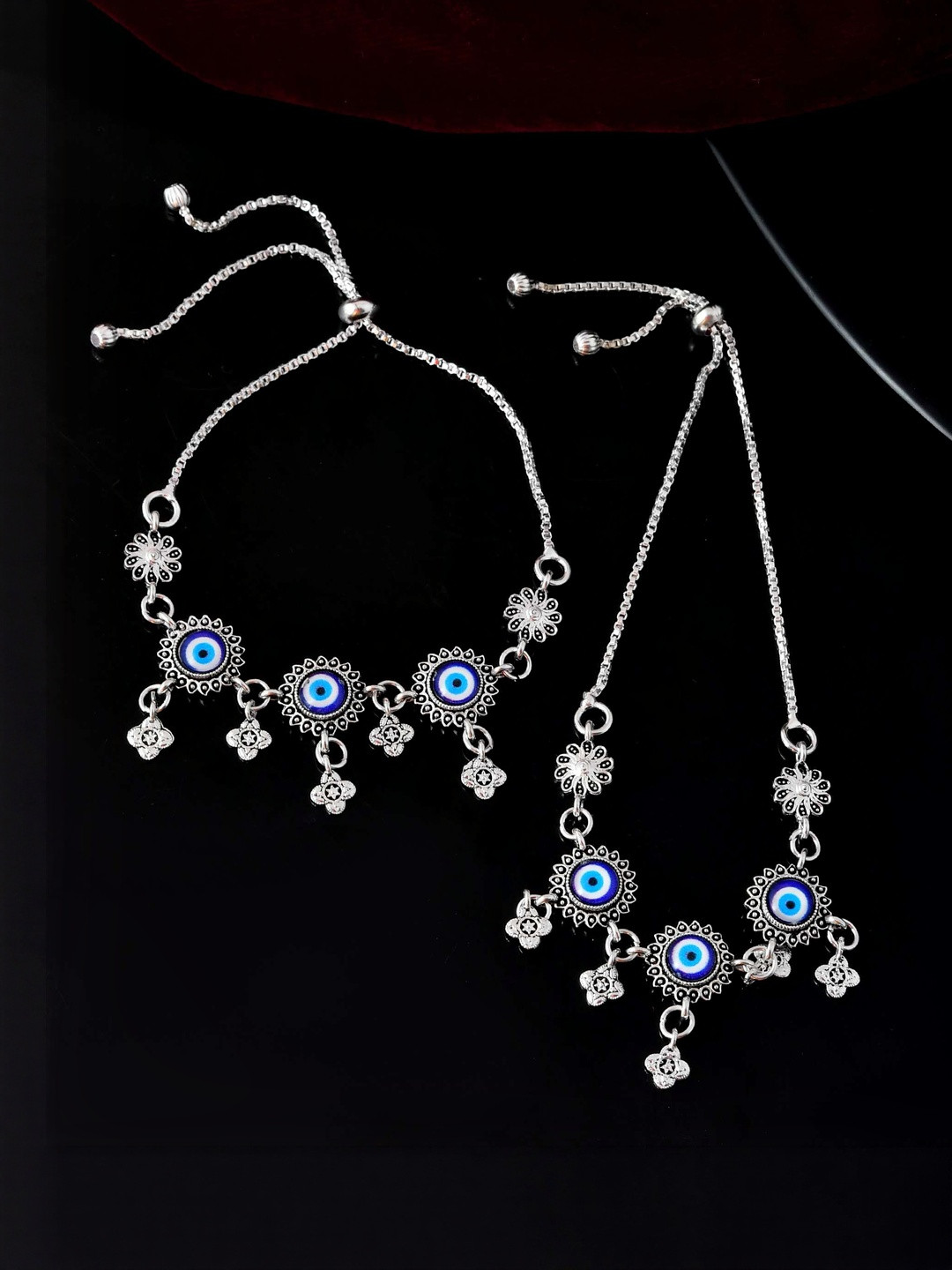 Jewels Nest Stainless Steel Silver-Plated Enamelled Evil Eye Anklets