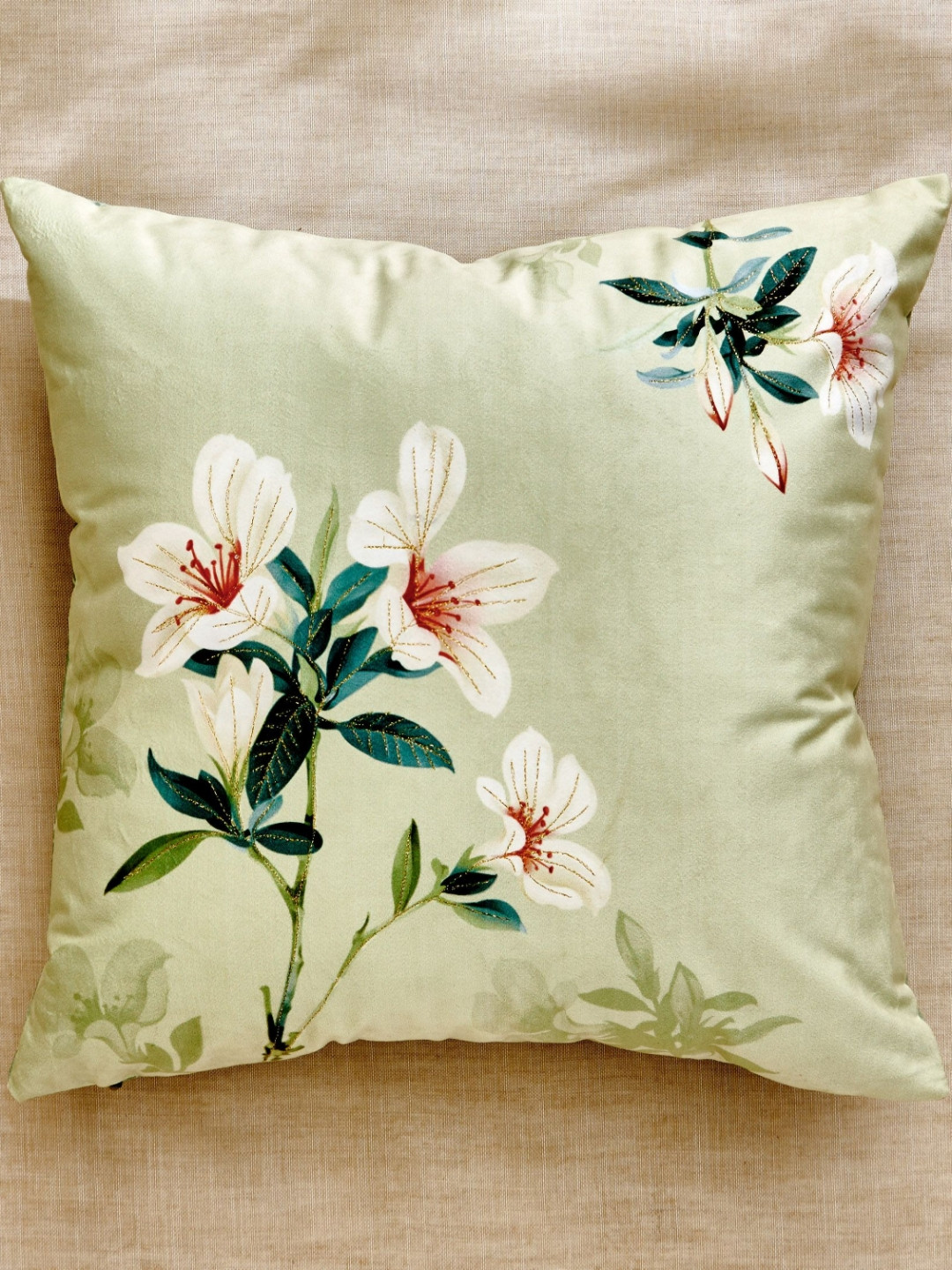 Home Centre Maya Callanthe Green & Peach Colored Printed Pre-Filled Square Cushion