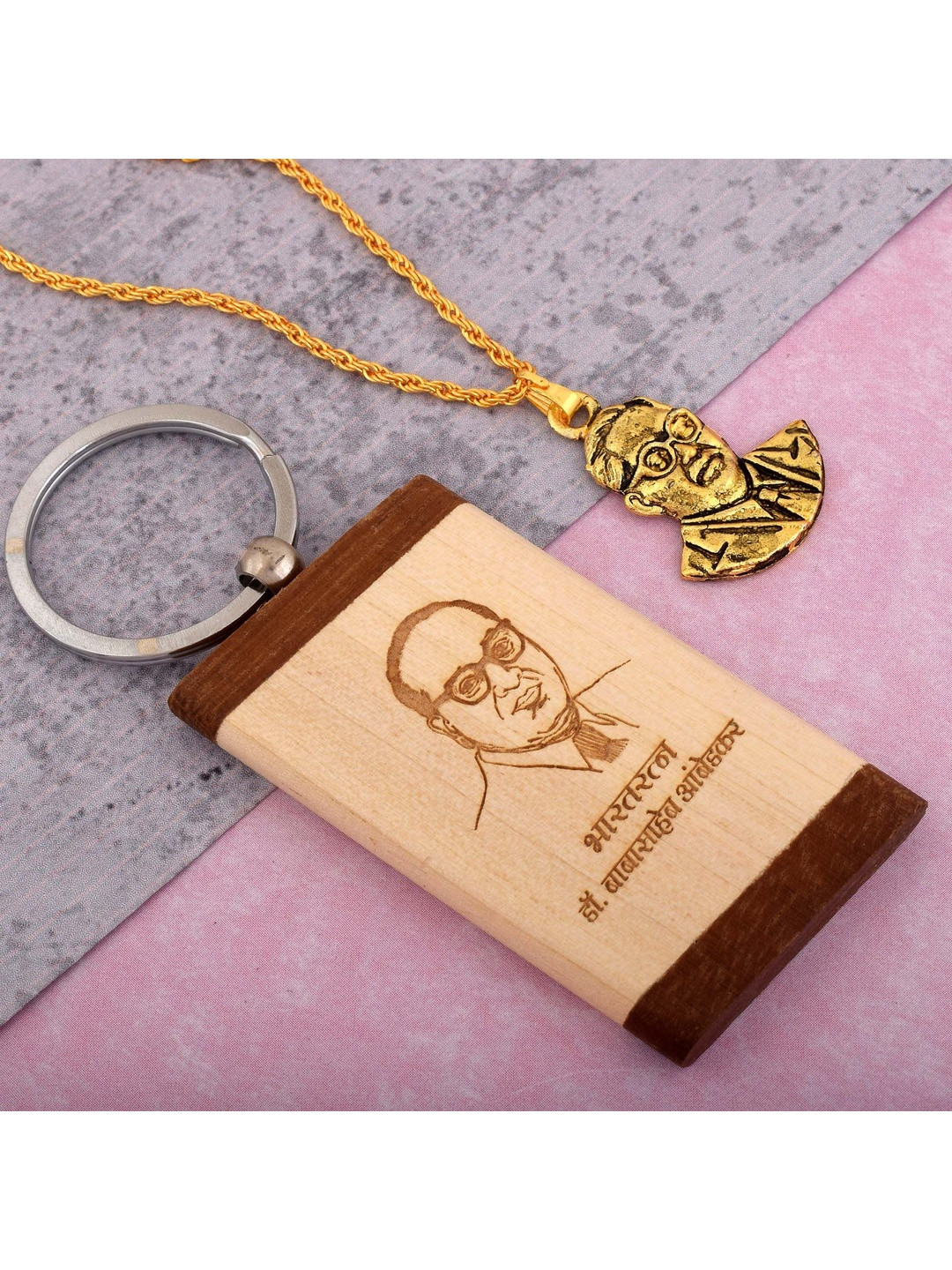 DZINETRENDZ Combo of Brass Gold plated Pendant and Wooden Baba Saheb Ambedkar Pendant