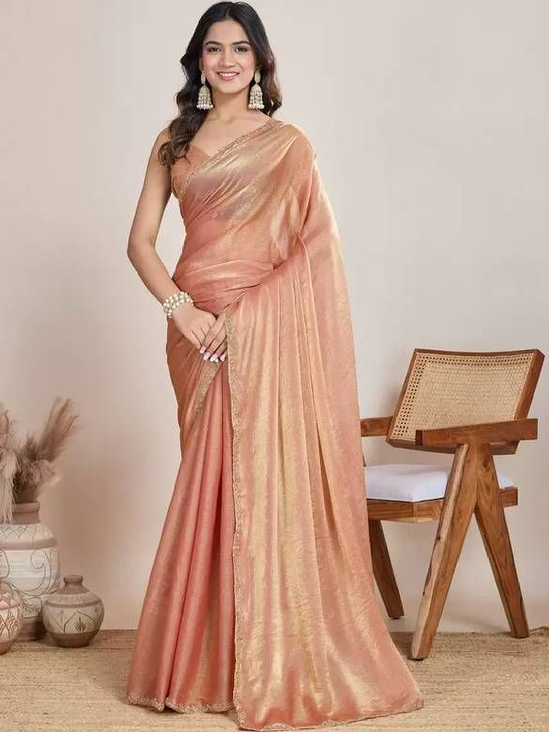 HERE&NOW Solid Beads and Stones Pure Chiffon Saree With Handwork Beads & Rich Border