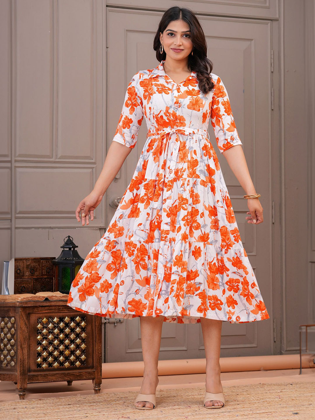 Clothy N Wave Floral Printed Gathered Or Pleated Fit & Flare Midi Dress