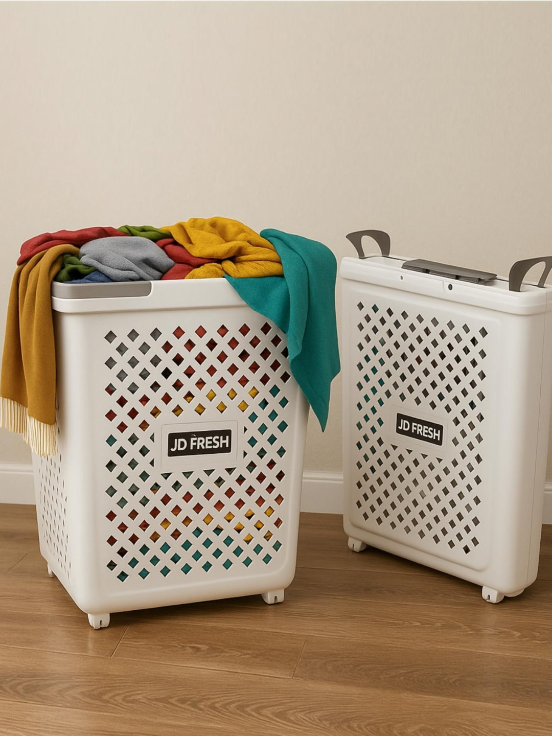 JD FRESH Off White Laundry Bag With Wheels & Handles