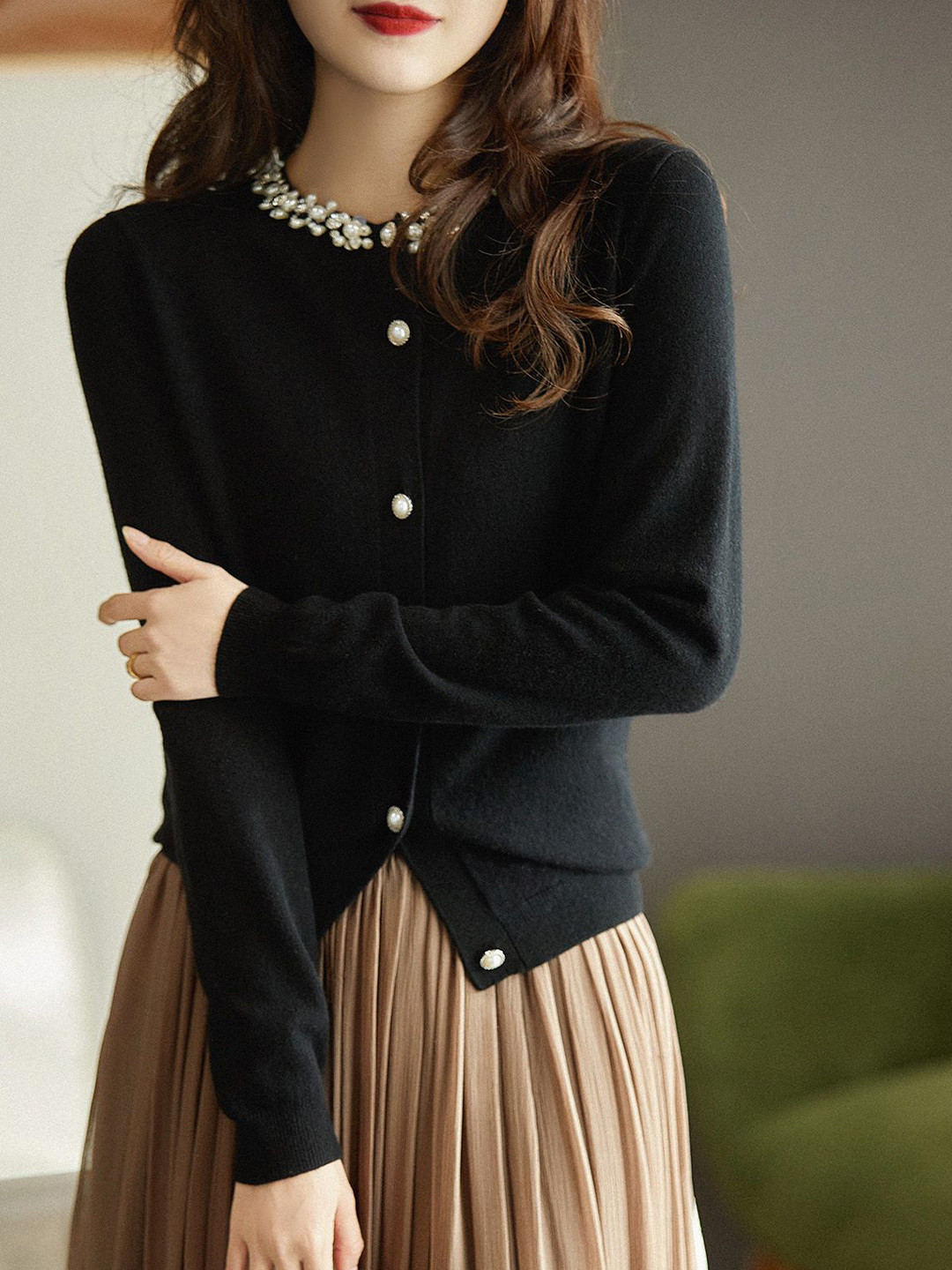 StyleCast Pearls Embellished Crew Neck Cardigan