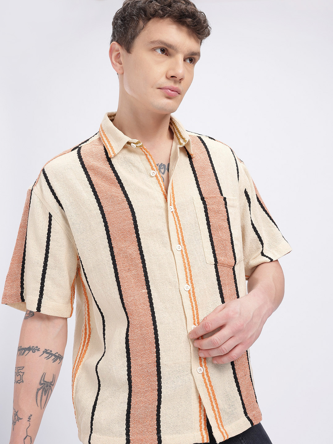 Off-white and Rust Vertical Striped Casual Shirt