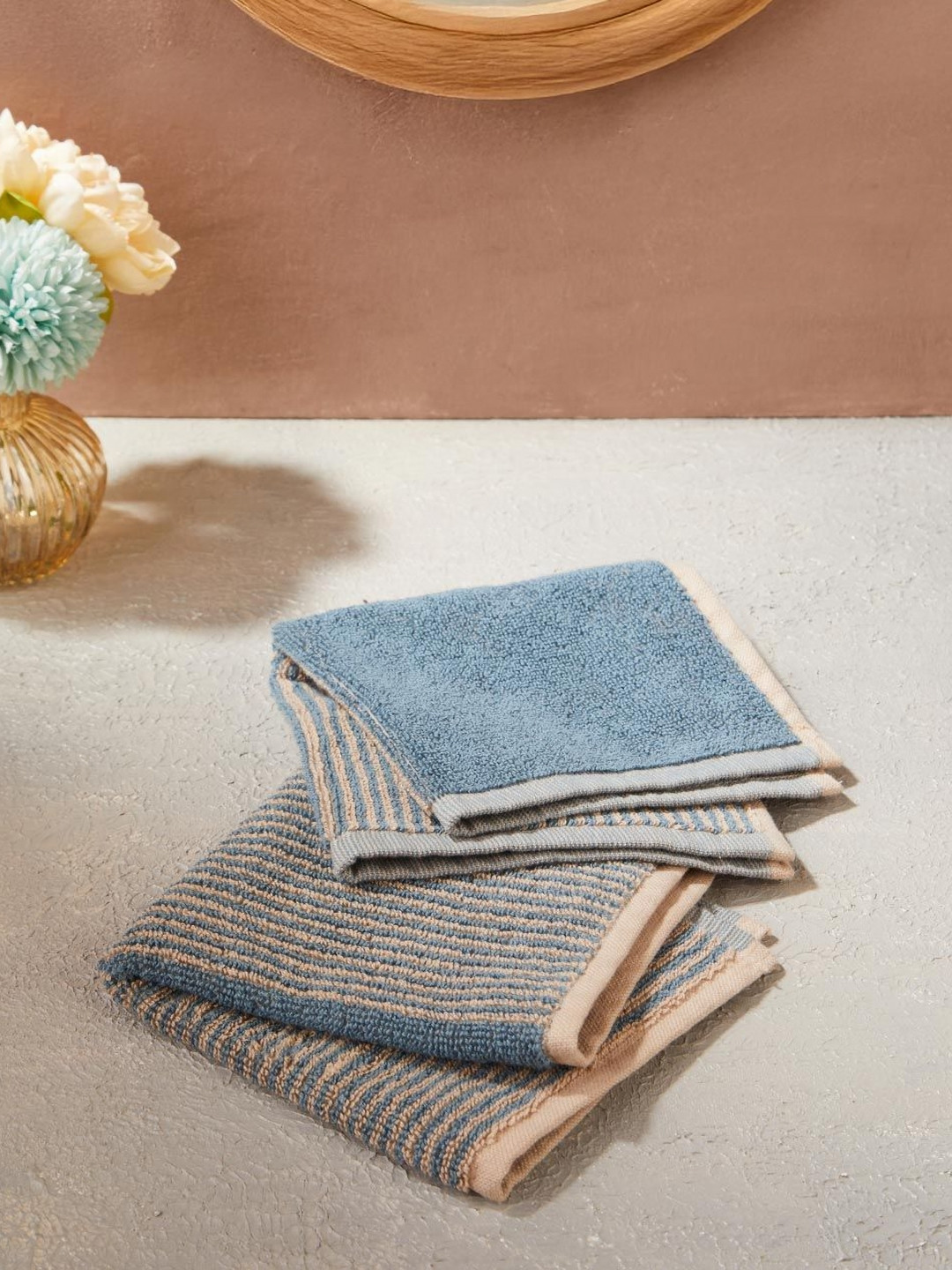 Fabindia Teal & Brown 2 Pieces Striped Cotton 570 GSM Bath Towels