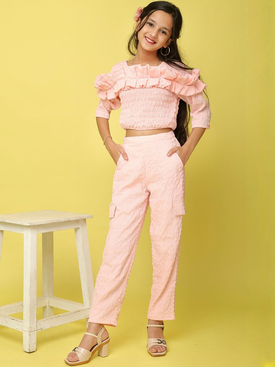 BAESD Girls Self Design Square Neck Smocking Top With Trousers