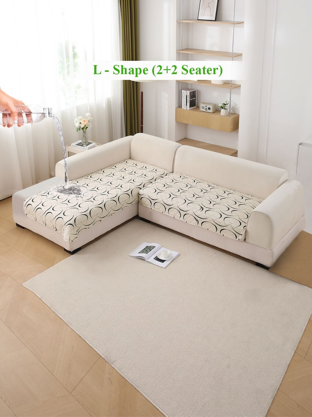 HOKIPO Natural Beige 2 Pieces Abstract Art Printed Waterproof 4 Seater Sofa Seat Covers