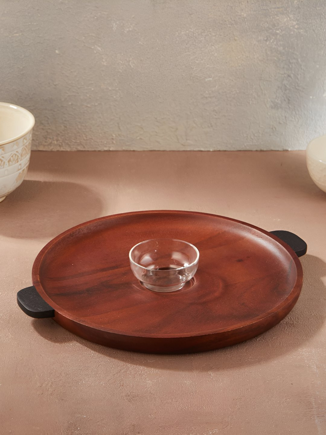 Fabindia Node Brown & Transparent Easy to Clean Wooden Food Platter With Dip Bowl