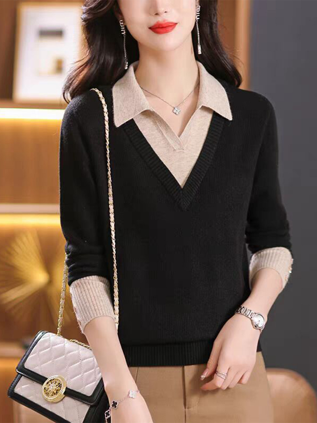 StyleCast Two-In-One Collared V-Neck Pullover Sweater