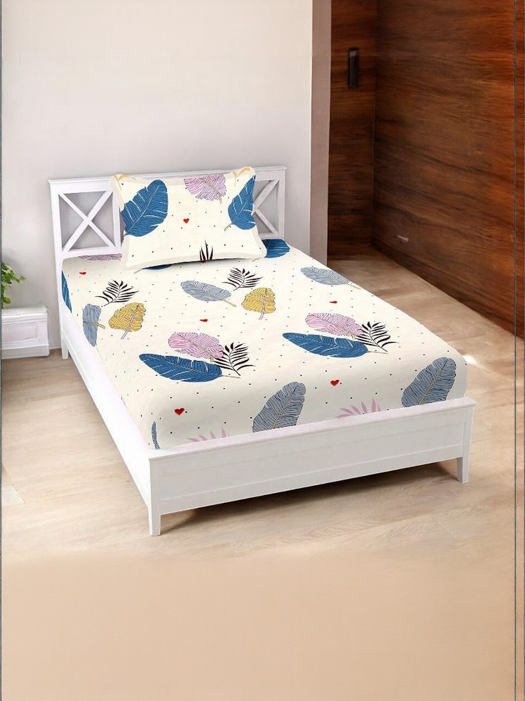 WELLNEST White Leaf Printed Cotton Single Bedsheets