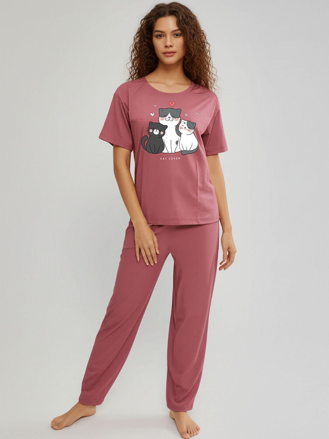 Fasense Women Printed Relaxed-Fit Round Neck T-Shirt & Trousers Night Suits