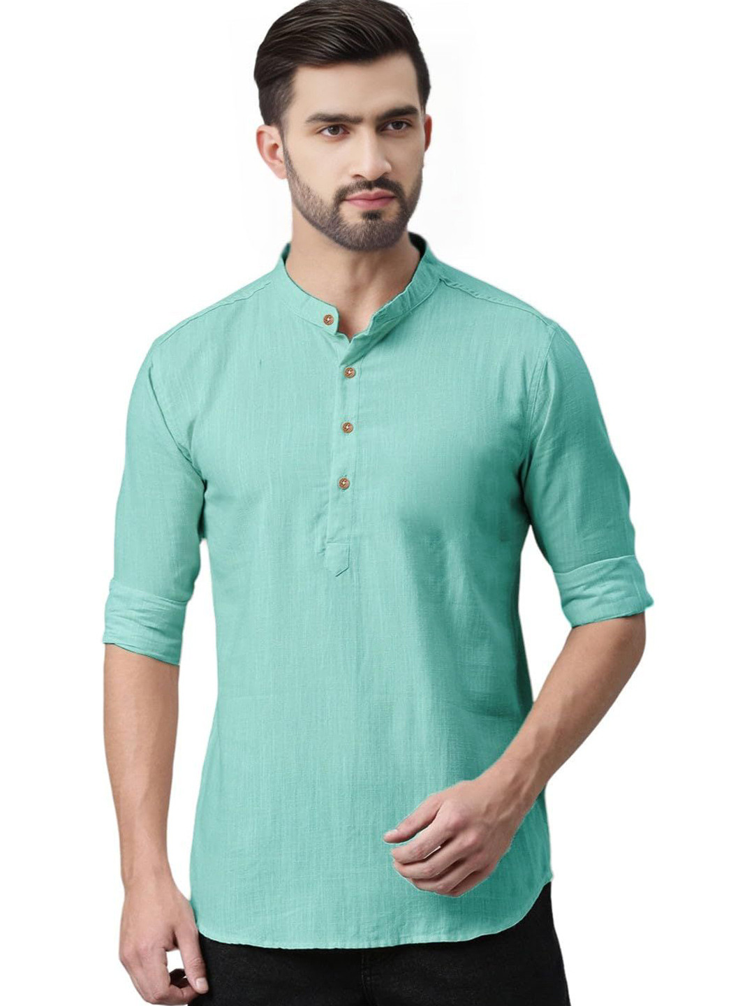 TrendiVastra Band Collar Roll-Up Sleeves Straight Kurta