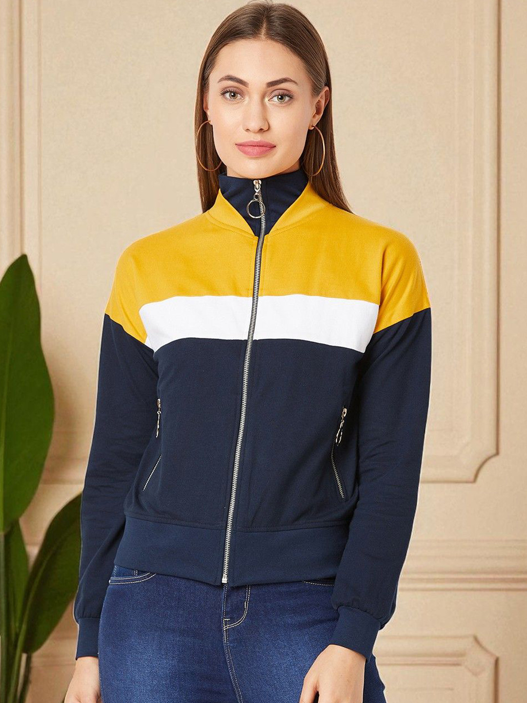 Mast & Harbour Women Turtle-Neck Full Sleeved Color-Blocked Jacket