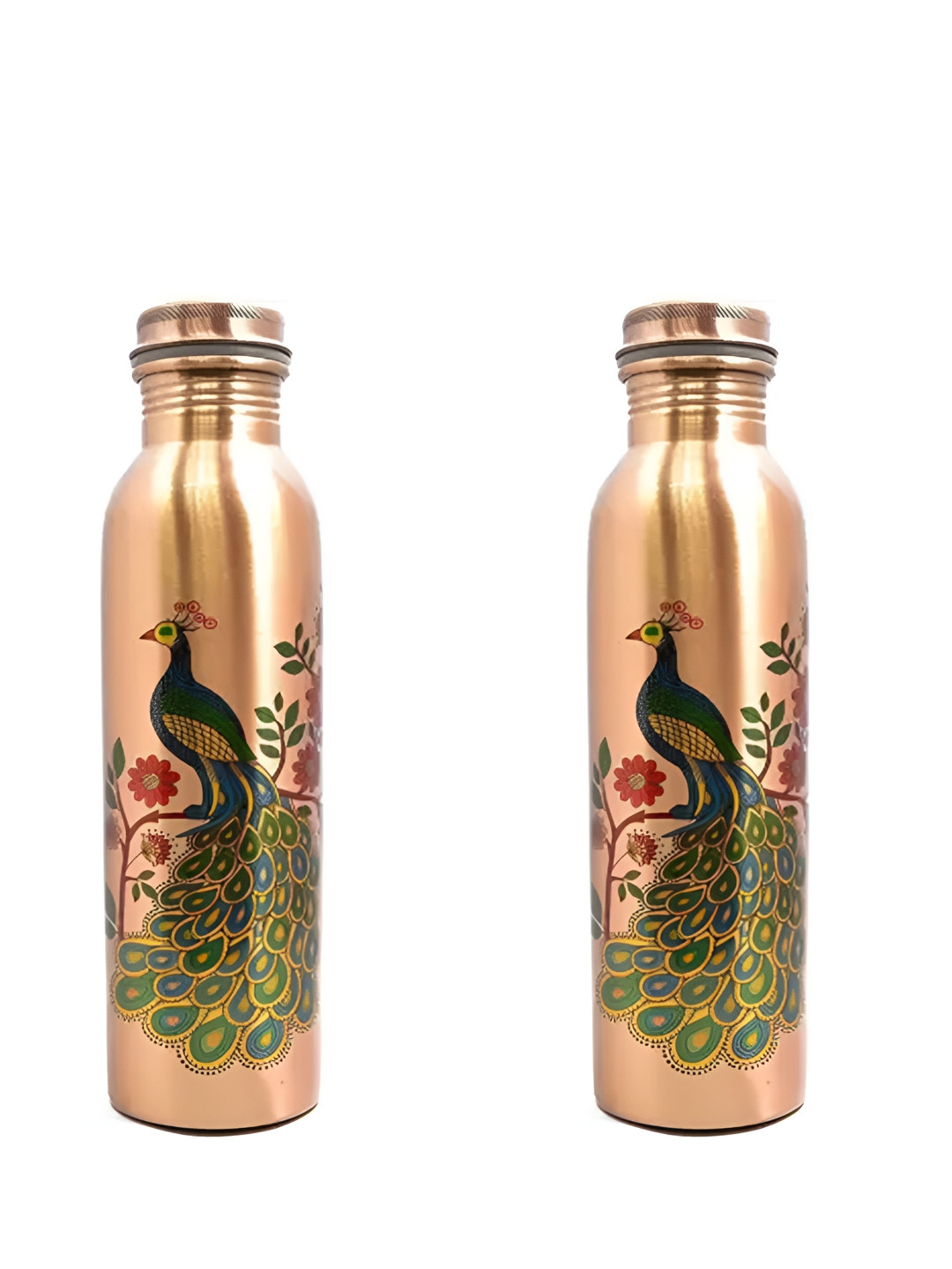 VAPOK Copper-Toned & Red 2 Pieces Peacock Printed Copper Water Bottles-950 ml Each