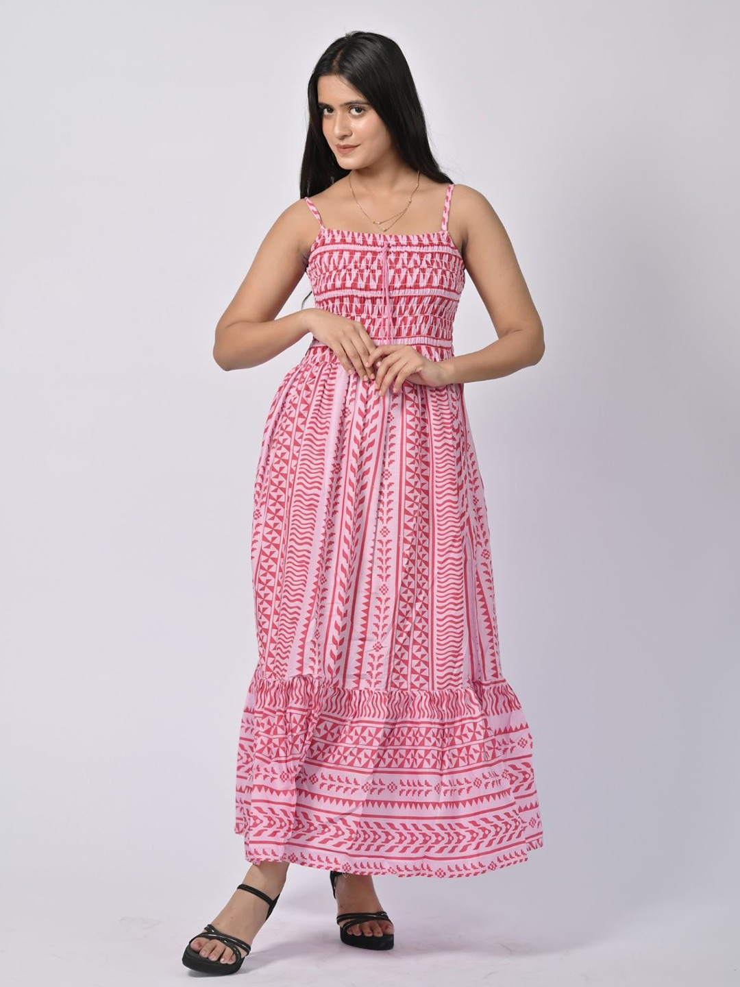 BELLE NOOR Geometric Printed Shoulder Straps Fit & Flare Cotton Maxi Dress
