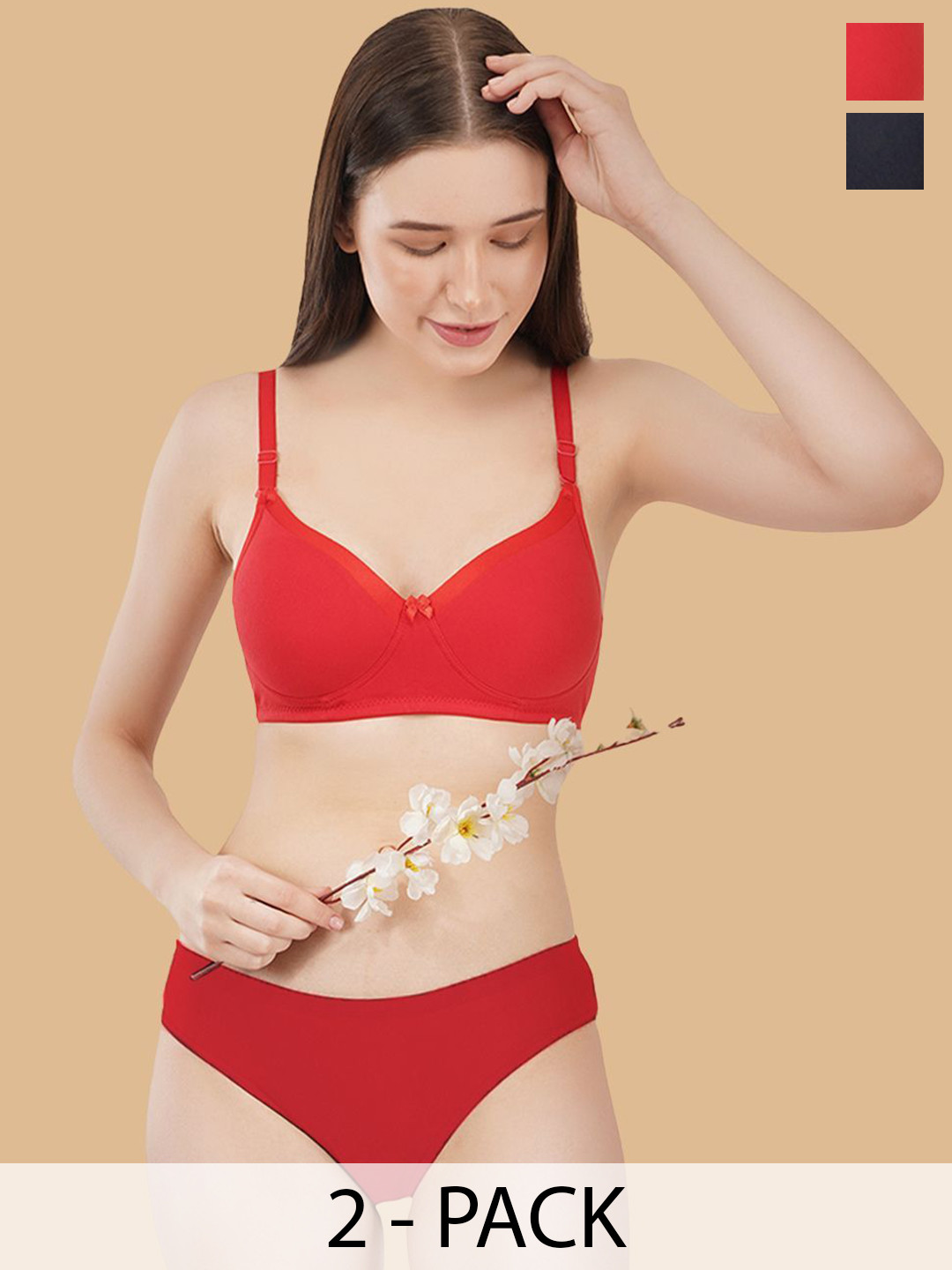 happybra Pack Of 2 Cotton Non-Wired Lightly-Padded Full Coverage Lingerie Set