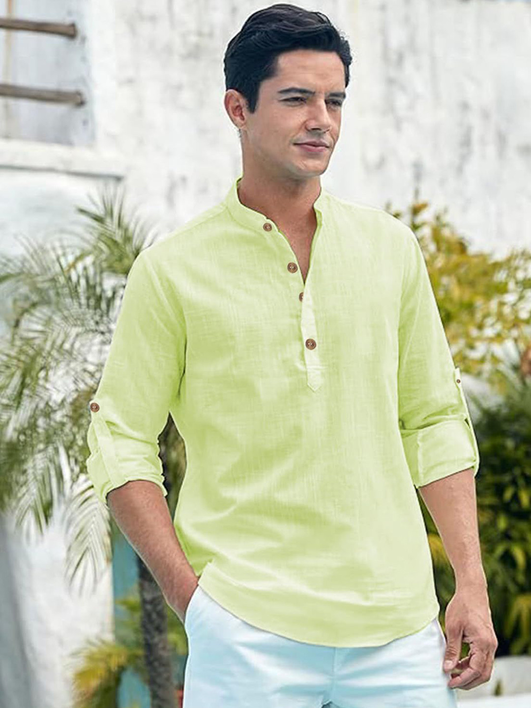 TrendiVastra Mandarin Collar Long Sleeves Cotton A-Line Short Kurta