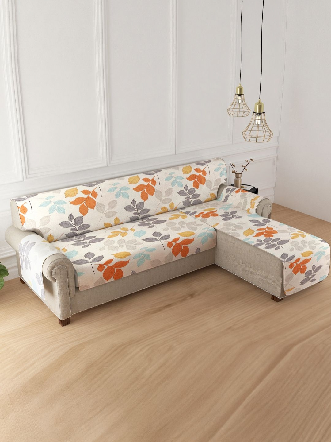 HOKIPO Blue & Orange Leaves Reversible 5 Seater Sofa Cover for L Shape with Securefit Belt