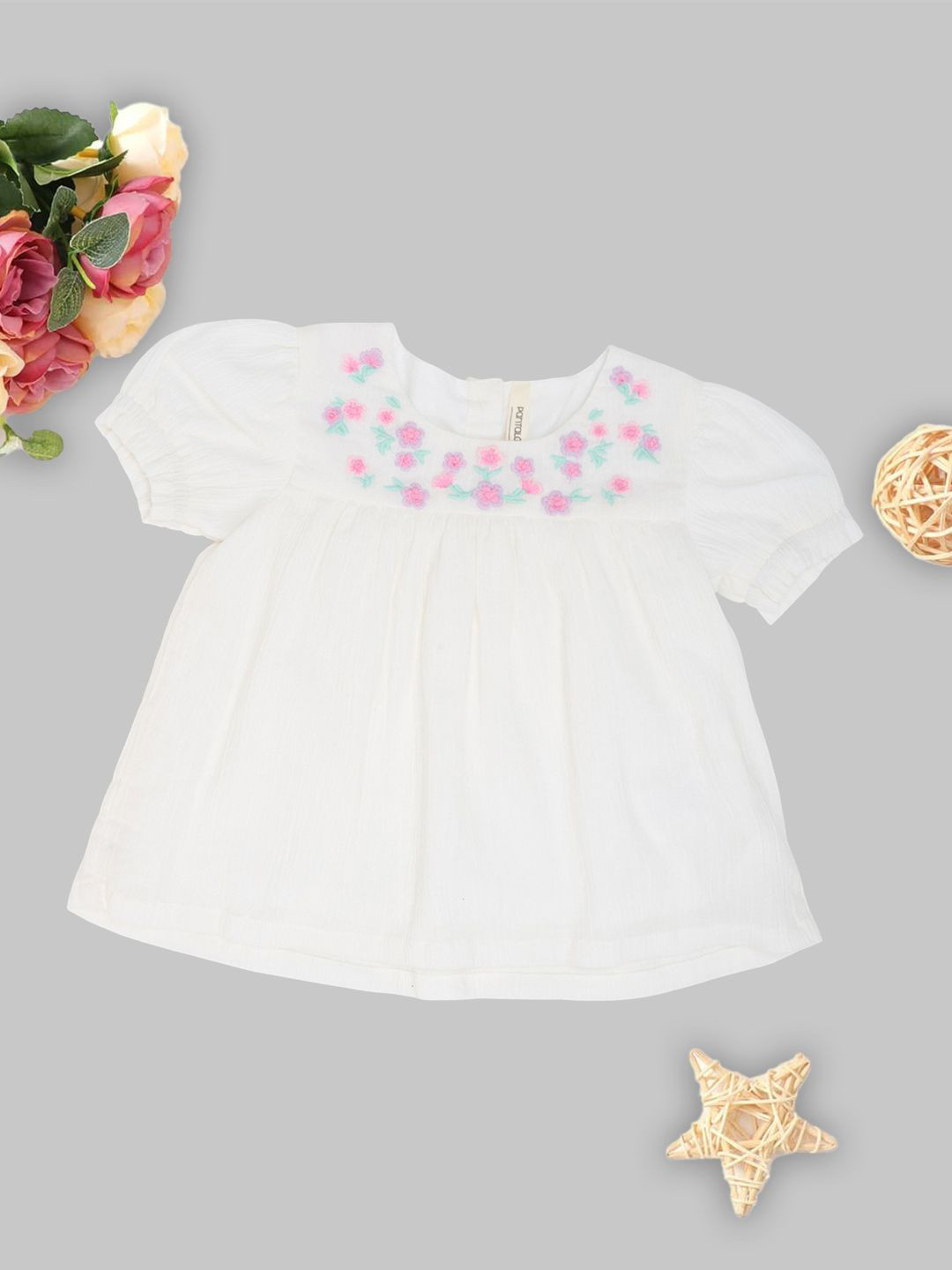 Pantaloons Baby Floral Embroidered Puff Sleeve Cotton Crop Top