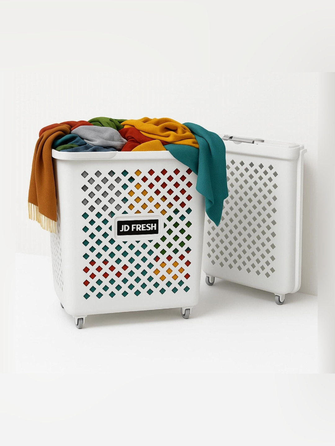 JD FRESH White Textured Laundry Basket with Wheels