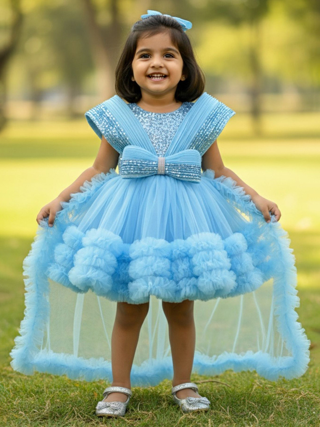 Lagorii Girls Blue Party Dress With Layered Ruffles And Statement Bow and Tailback