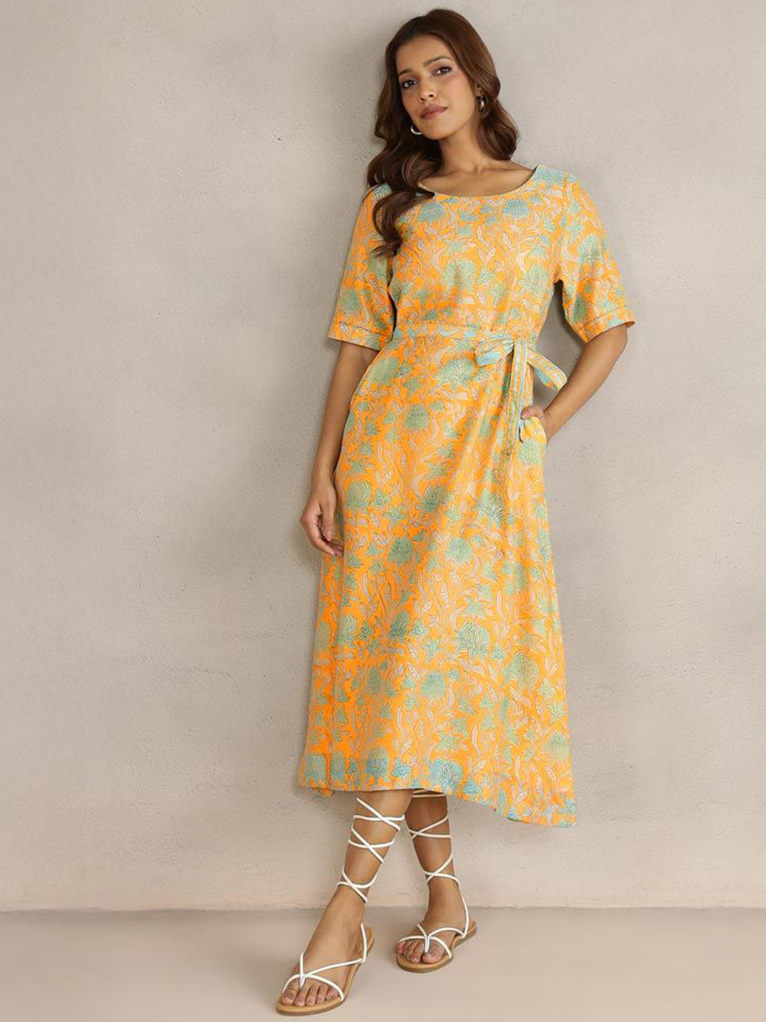 Fabindia Women's Yellow Printed Round Neck Elbow Sleeves A-Line Dress
