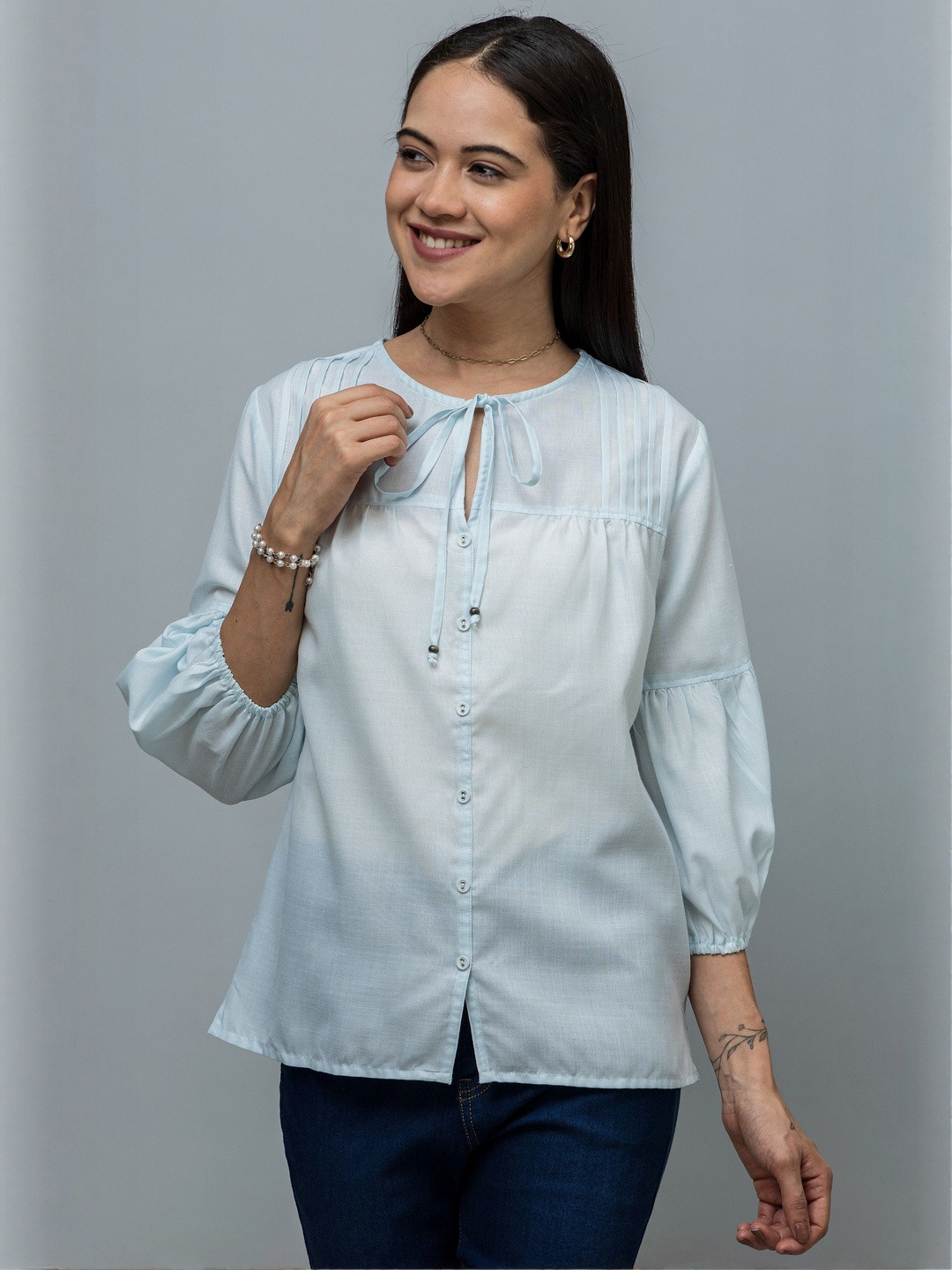 PURYS WORKSPACE Tie-Up Neck Puff Sleeve Pintuck Shirt Linen Top