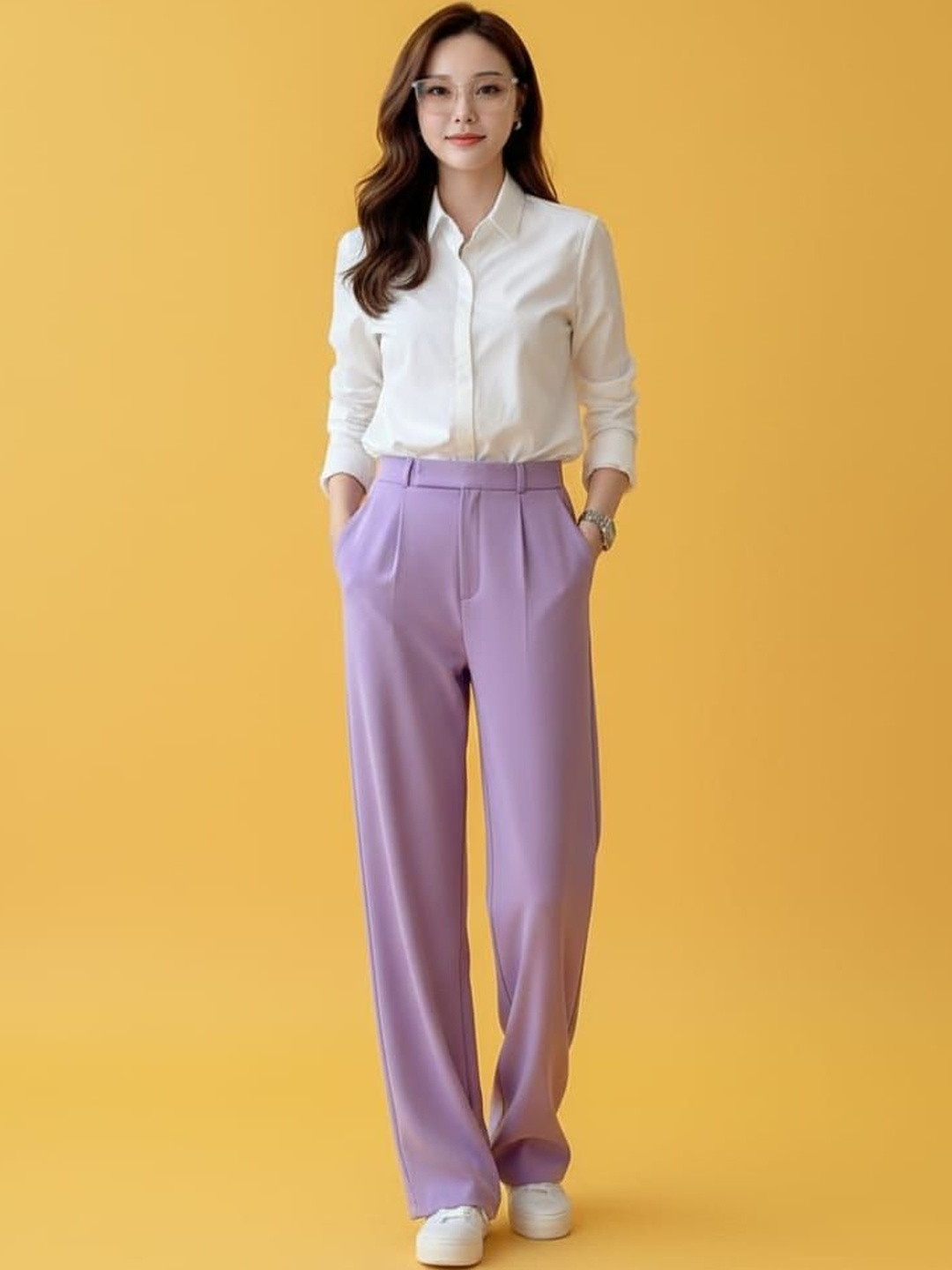 HIGH BUY Women Tailored Wide Leg High-Rise Pleated Cotton Korean Pant Trouser