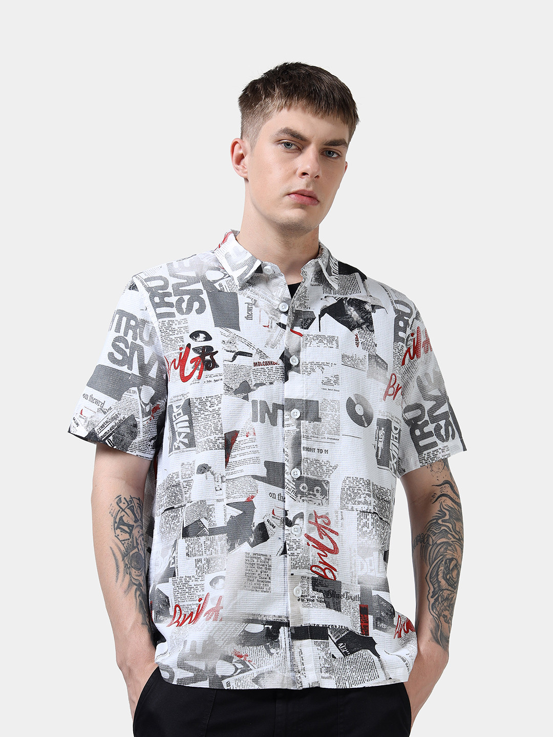 StitchX Men's Half Sleeve Textured Cotton Newspaper Printed Shirt