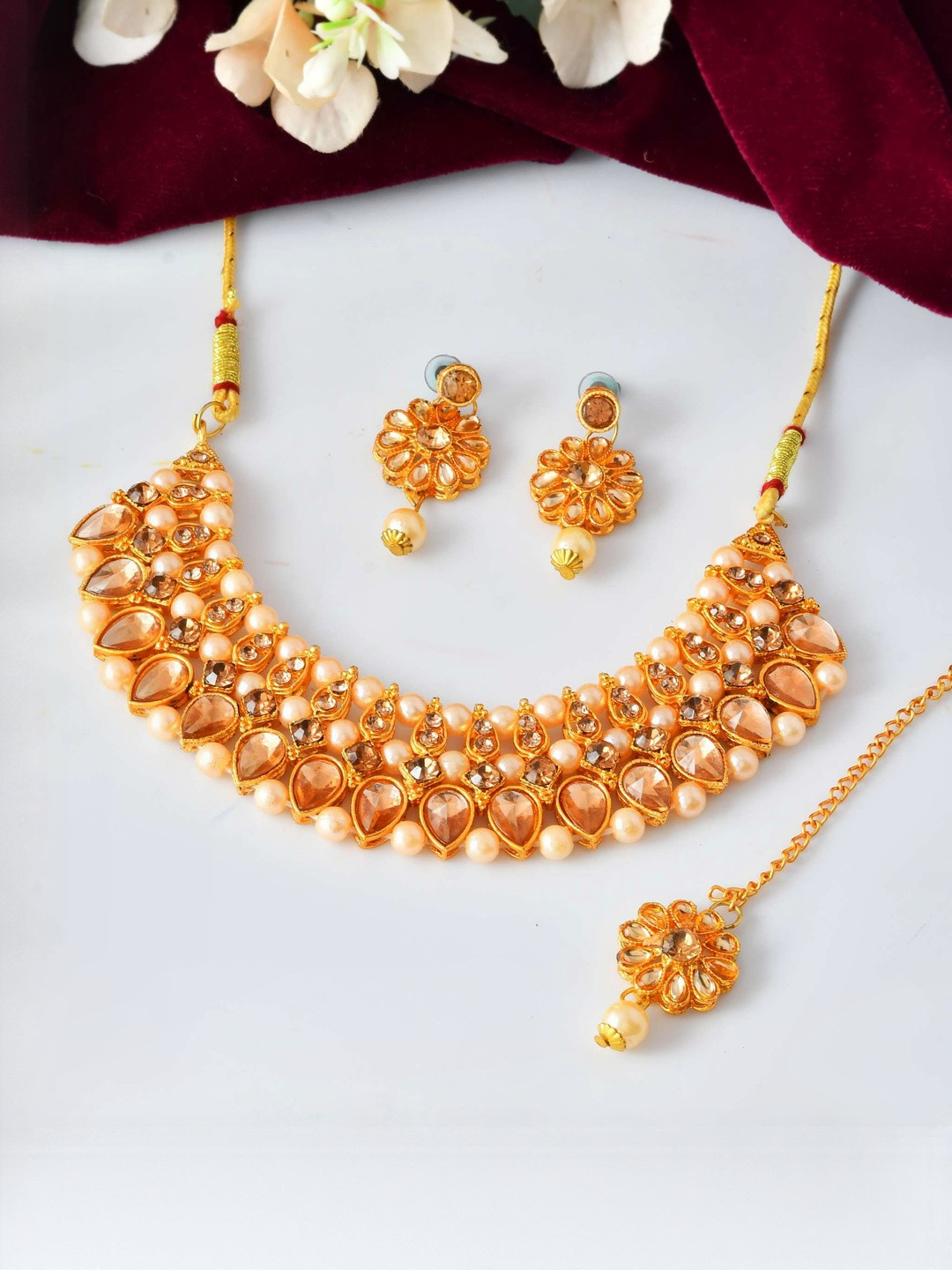 Jewels Nest Gold-Plated Kundan-Style Choker Necklace Set with Maang Tika