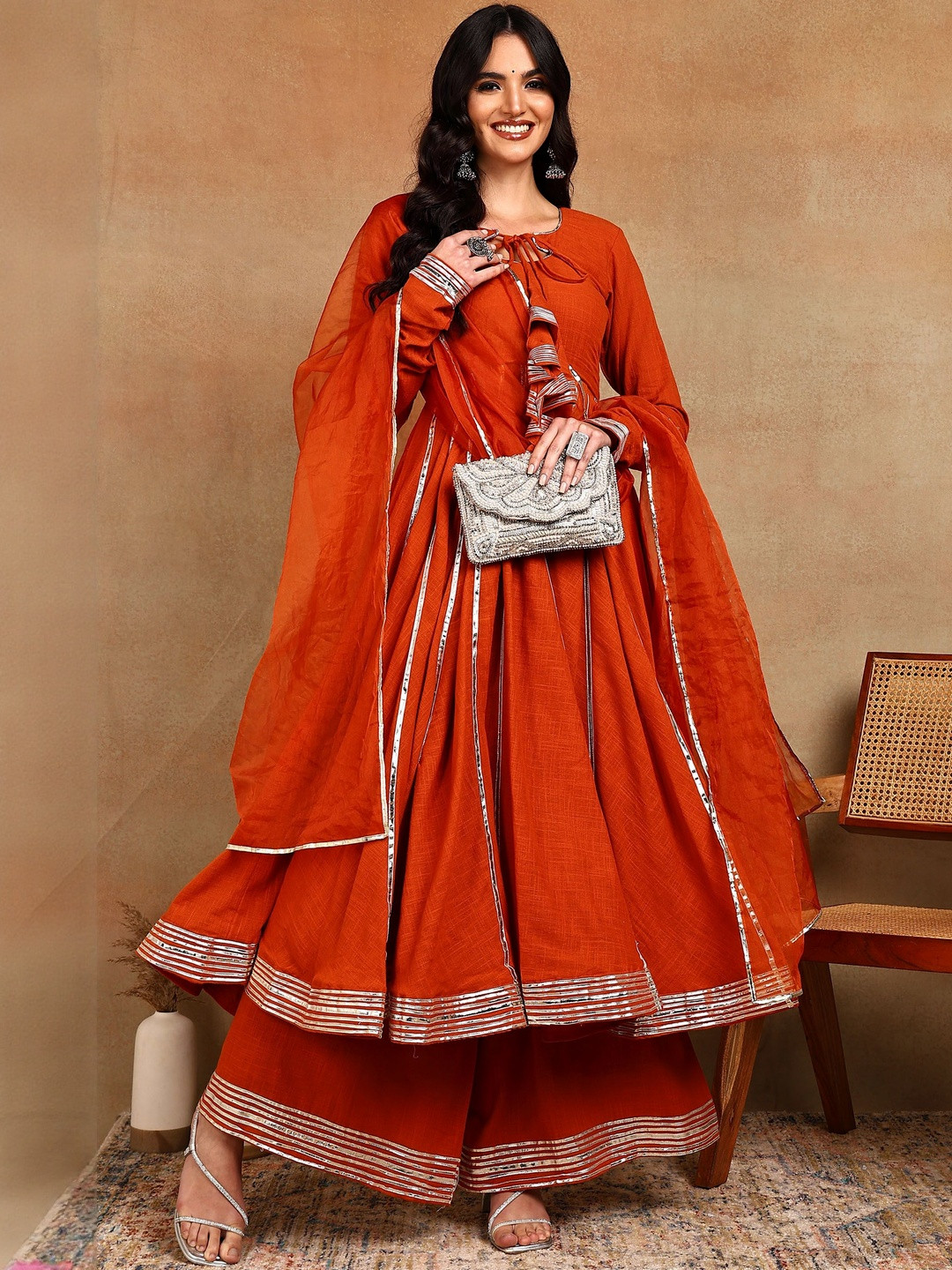 ADYASAA THE LABEL Women Panelled Gotta Patti Pure Cotton Kurta & Palazzo With Dupatta