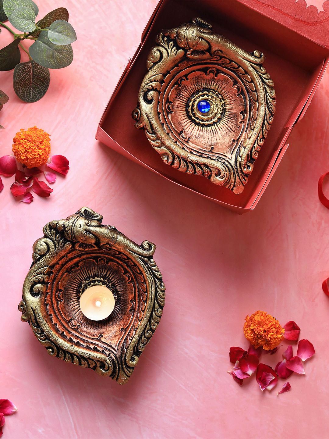 The handicraftian 2-Pcs Bronze-Coloured Elephant DesignedLarge Diya