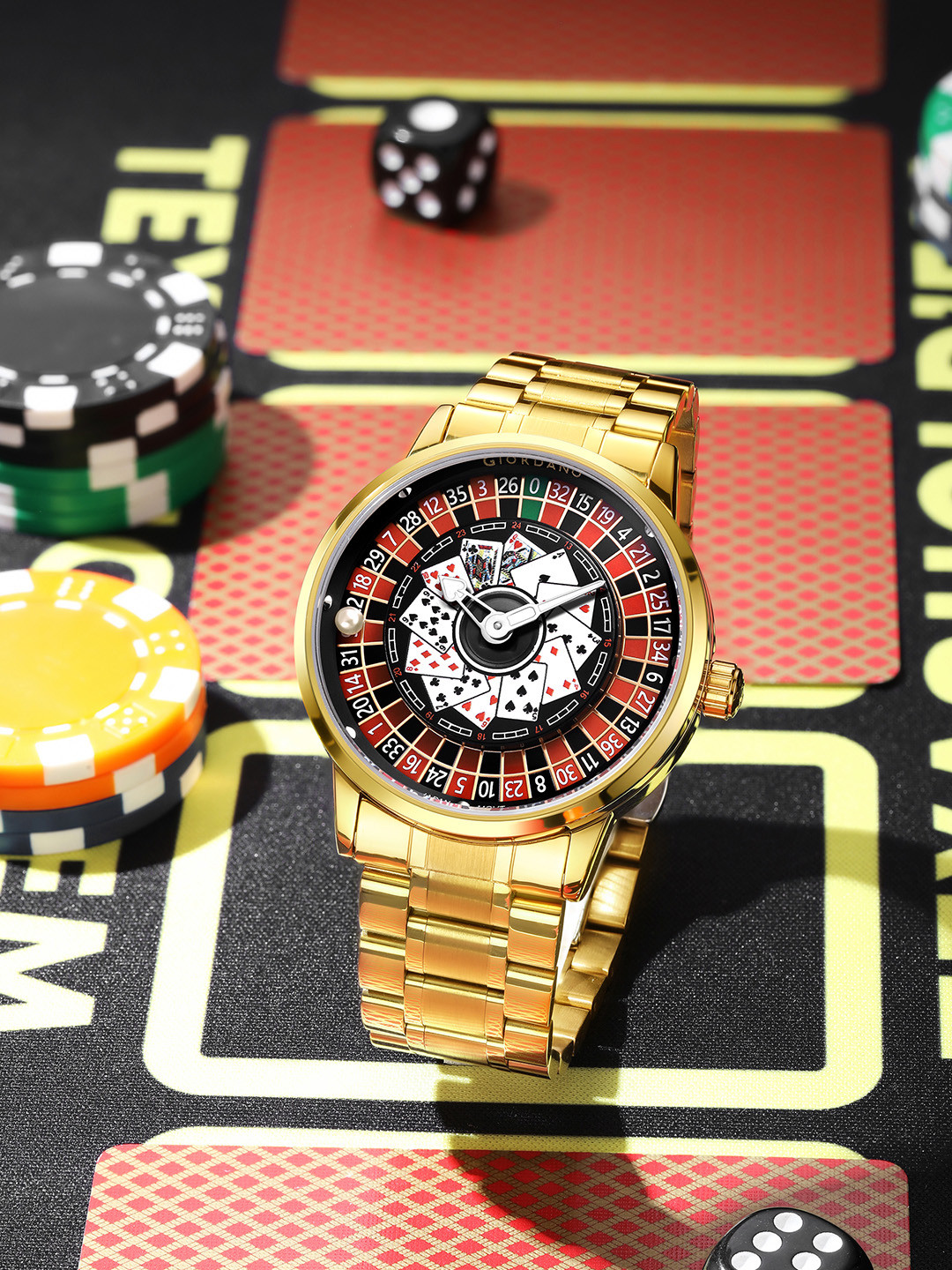 GIORDANO Men Luxe Edition Gold Casino-Inspired Roulette Dial Analog Watch