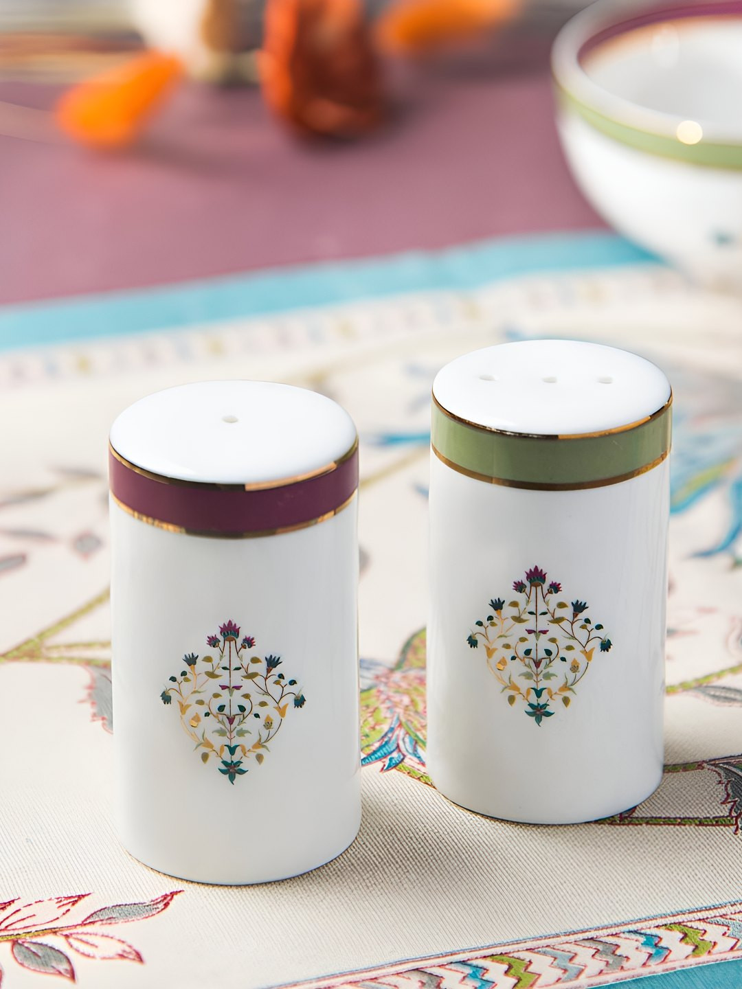 Fabindia Suvarn White & Purple Printed Ceramic Salt and Pepper Shakers