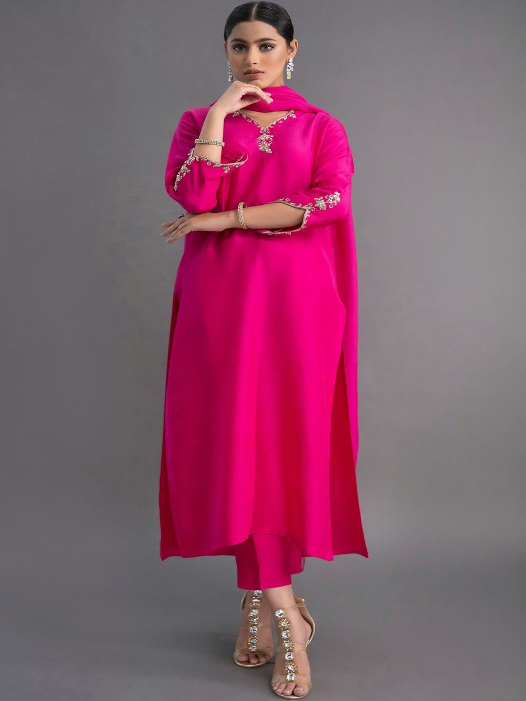 NZSilk Embroidered Thread Work Chanderi Silk Kurta With Trousers & Dupatta