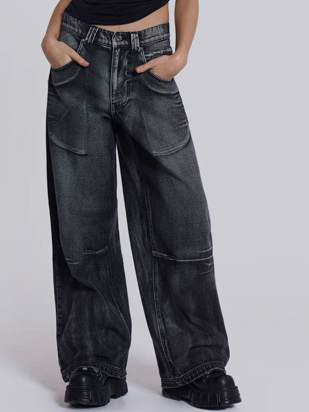 KUNDAN FAB Women Solid Baggy High-Rise Vintage Wash Non Stretchable Regular Jeans