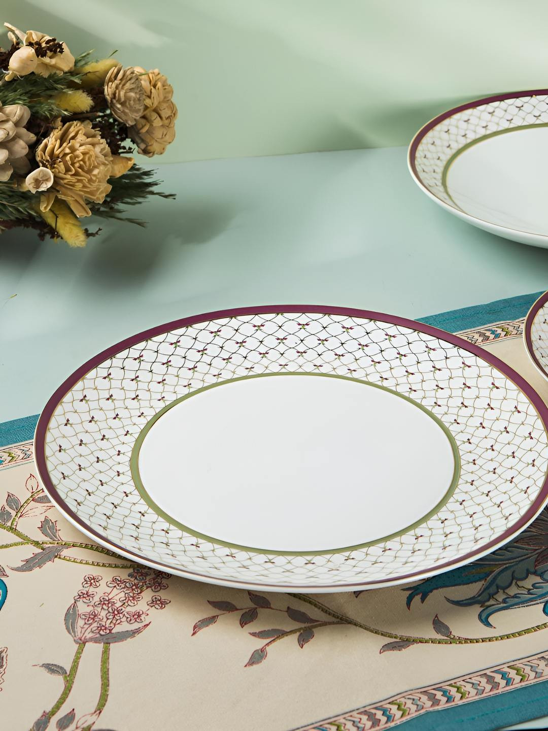 Fabindia Suvarn White & Pink Printed Ceramic Dishwasher Safe Pasta Plate