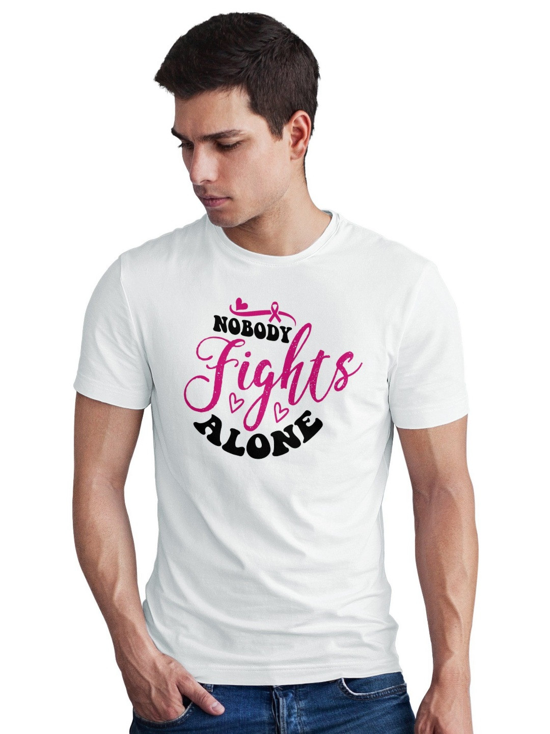 Seekbuylove Men Bio Finish Nobody Fights Alone Round Neck Pure Cotton T-shirt