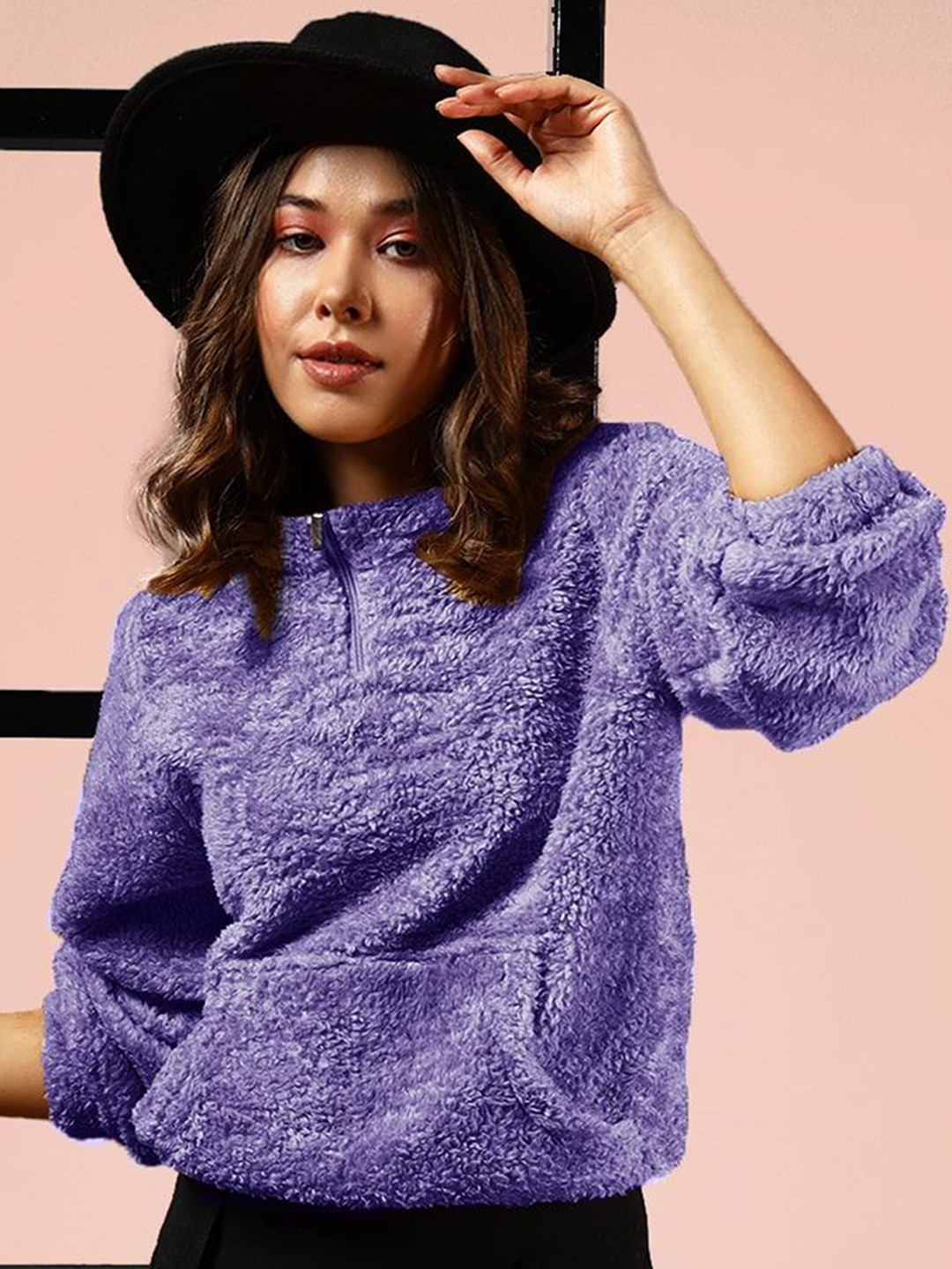 The Dry State Women Mock Collar Self Design Sherpa Jacket