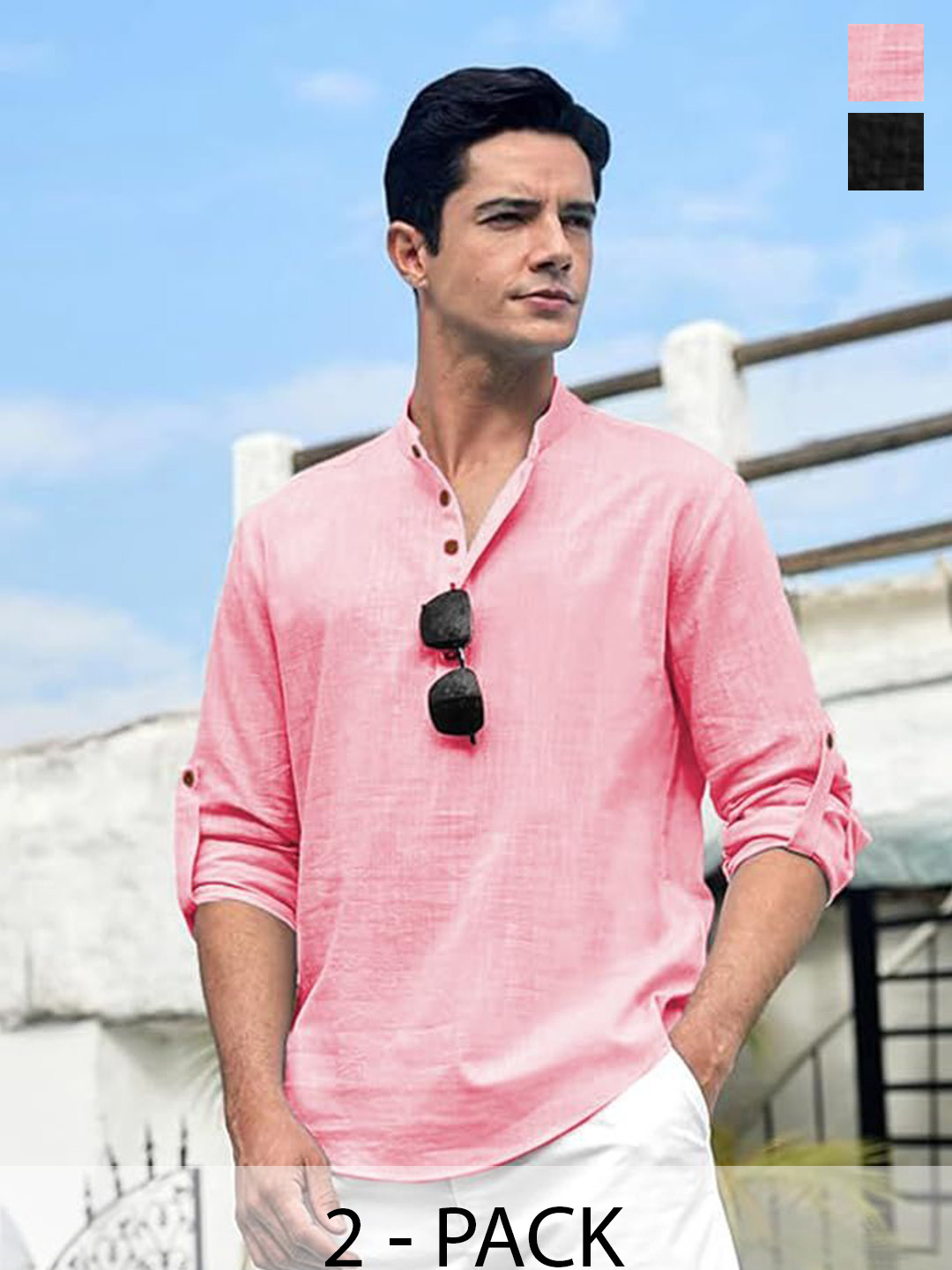 TrendiVastra Selection Of 2 Band Collar Roll-Up Sleeves Kurtas