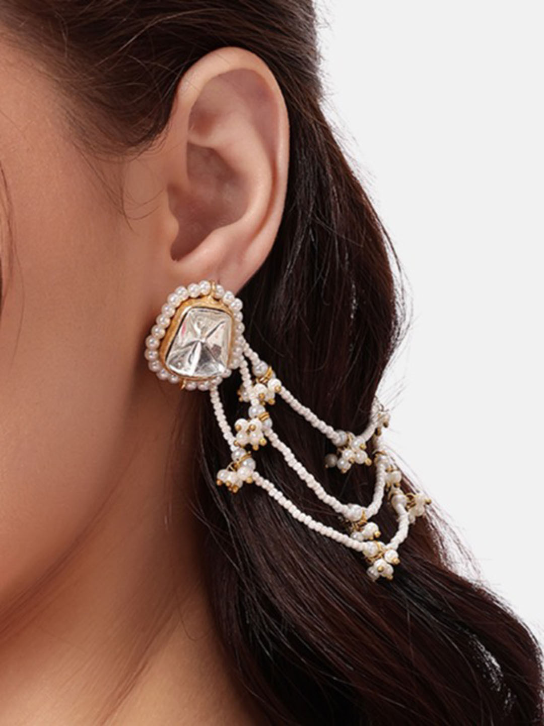Nuyug Gold-Plated Kundan Studed Drop Earrings With Chain