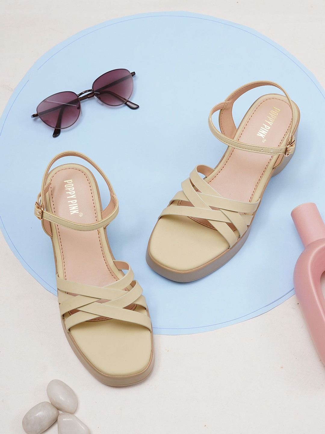 POPPYPINK Strappy Wedge Sandals with Buckles