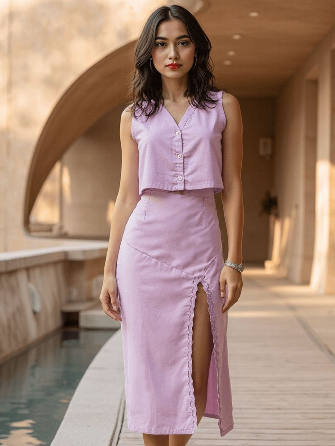 Naava V-Neck Sleeveless Pure Cotton Crop Top With Skirt