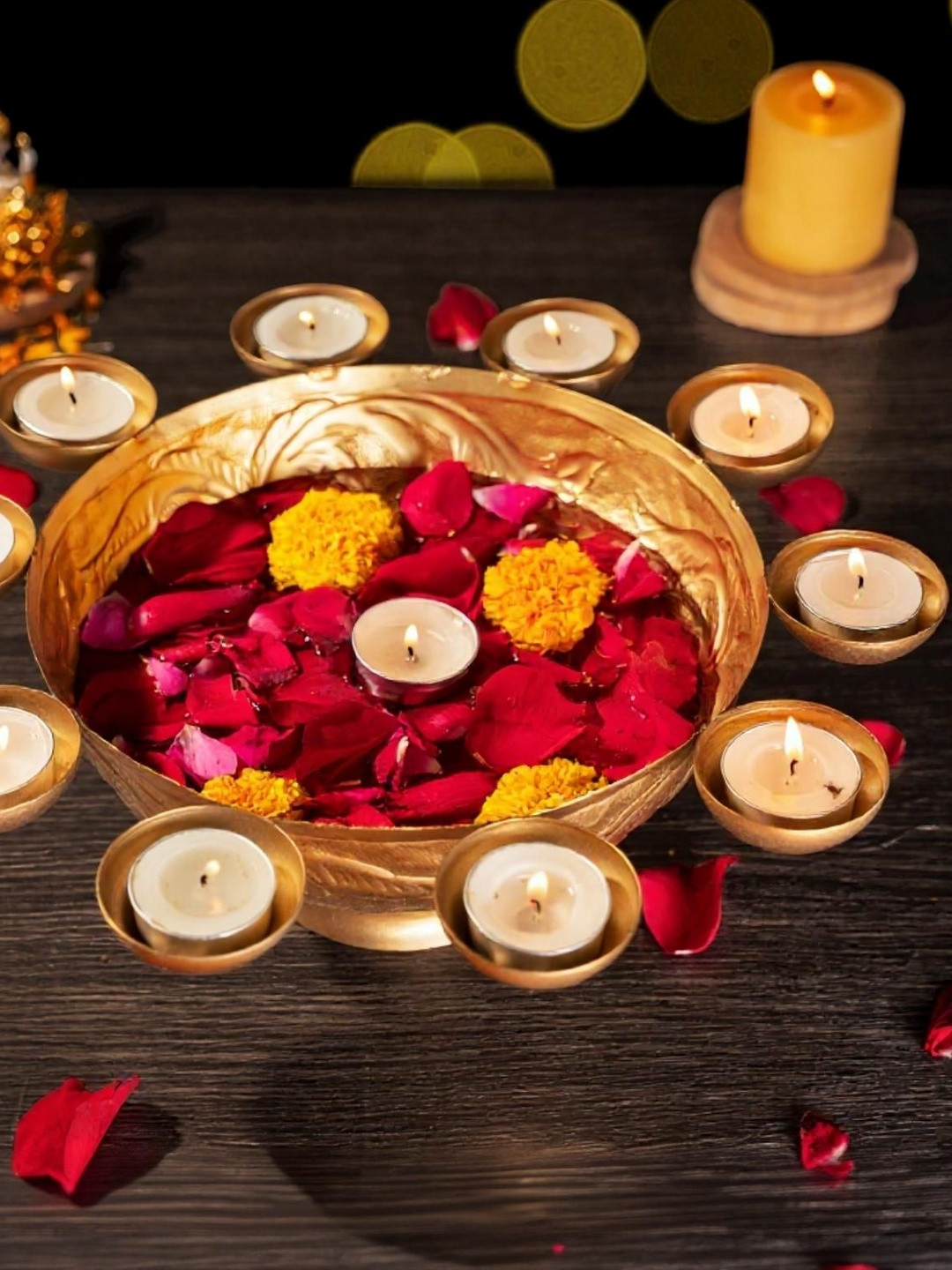 Kreative Arts Urli Bowl with 12 T-Light Holders Decorative Floating Diya