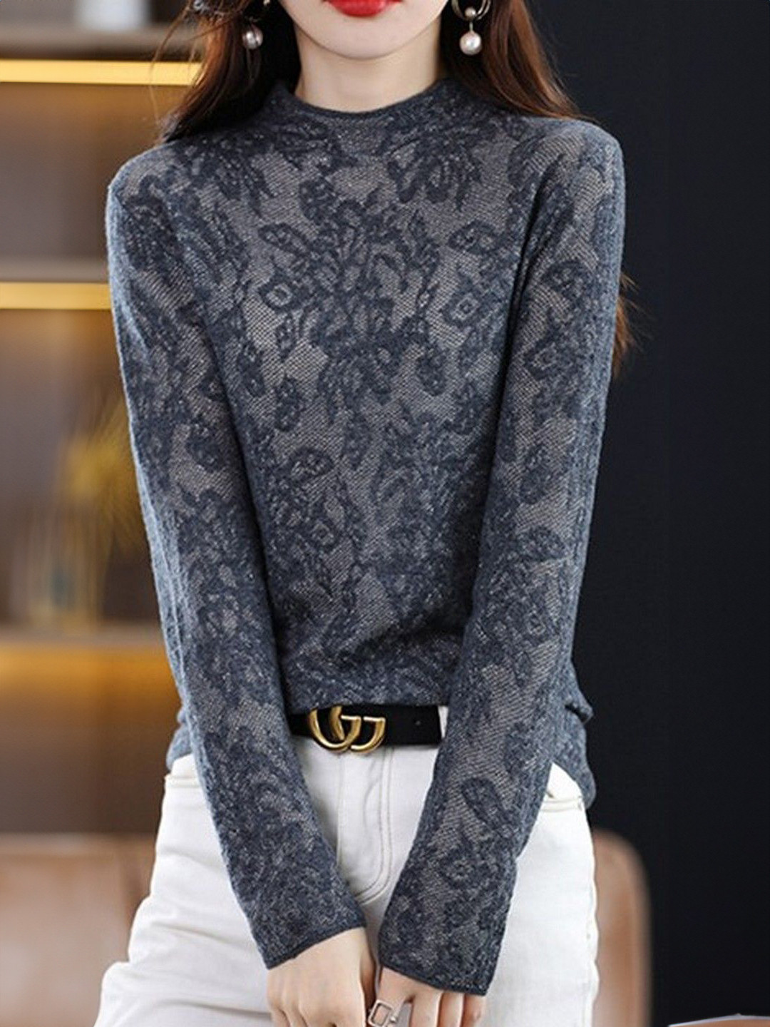 StyleCast Women Floral Self Design Sheer Lace Mock Neck Long Sleeve Pullover