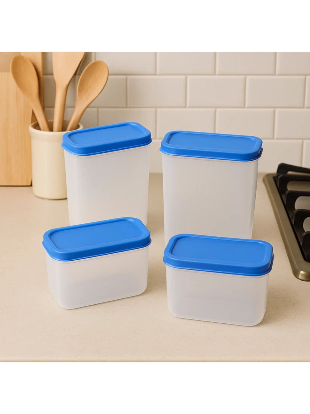 DeoDap Set Of 4 Blue & White Plastic Storage Container Box