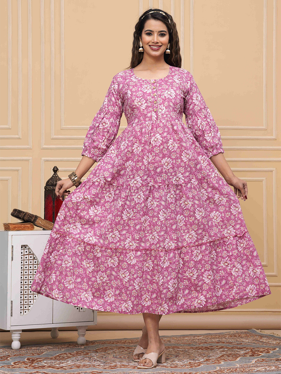 FACON GRAVIDA Women Floral Printed Maternity Fit and Flare Midi Dress